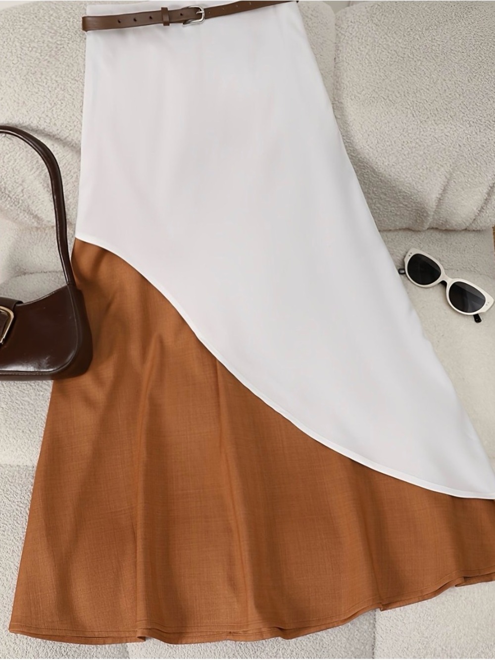 Temu Asymmetric Two-Tone A-Line Midi Skirt in Cream and Brown, Size M